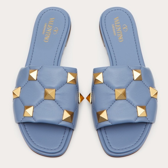 Valentino Garavani Shoes - Valentino Garavani ROMAN STUD FLAT SLIDE SANDAL IN QUILTED NAPPA